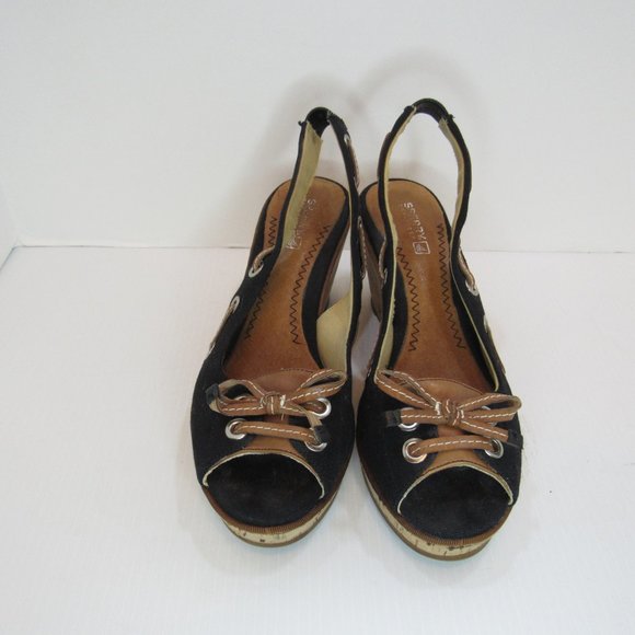 Sperry Black Wedge Sling Back Peep Toe Heels Sandals - Picture 3 of 10